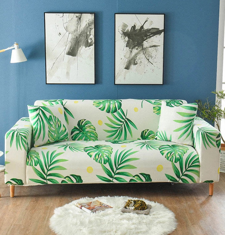 Ivory Green Palm Leaf Pattern Sofa Couch Cover