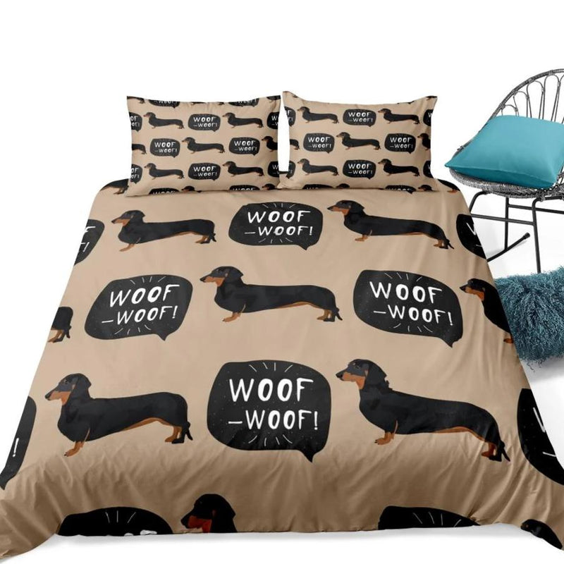 Brown 2/3-Piece Woof Woof Dachshund Dog Duvet Cover Set