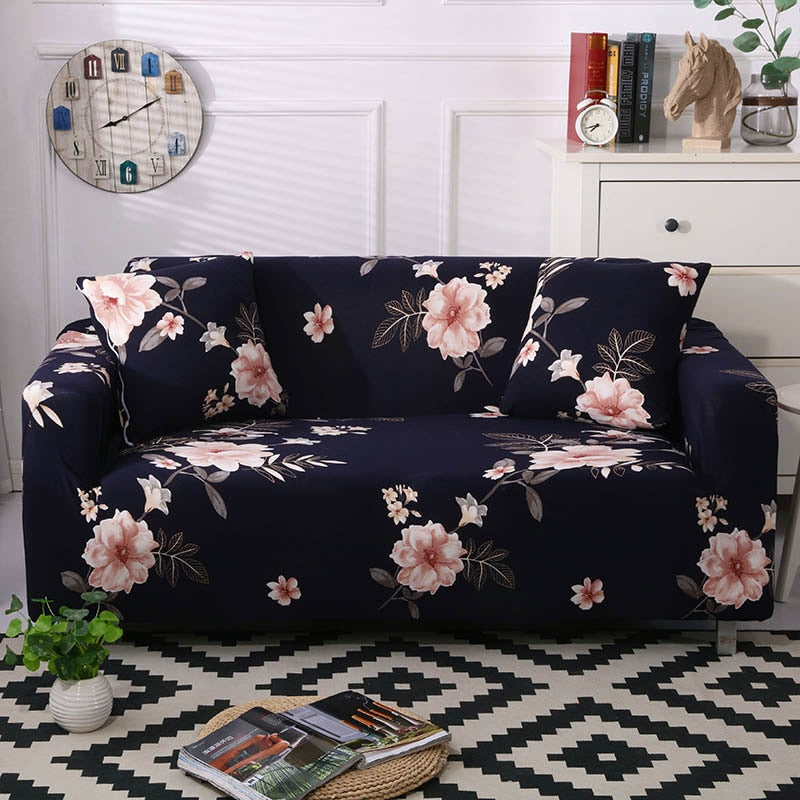 Dark Navy Blue Pink Floral Pattern Sofa Couch Cover