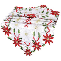 Embroidered Red Poinsettia Floral Christmas Table Runner