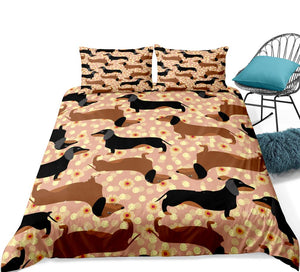 Brown 2/3-Piece Floral Dachshund Dog Pattern Duvet Cover Set