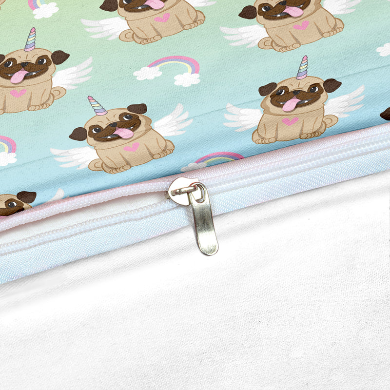 Teal 2/3-Piece Cartoon Unicorn Pug Pattern Duvet Cover Set