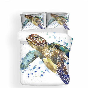 White 3-Piece Watercolor Sea Turtle Duvet Cover Bedding Set