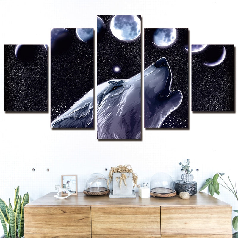 5-Piece Black Howling Lunar Wolf Cycle Canvas Wall Art