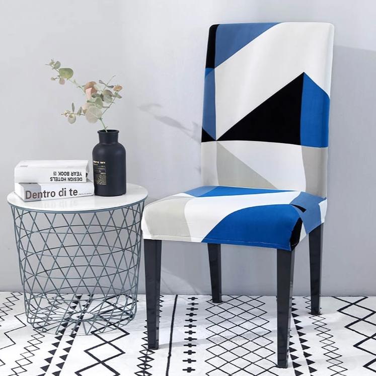 Blue / White Geometric Triangle Pattern Dining Chair Cover