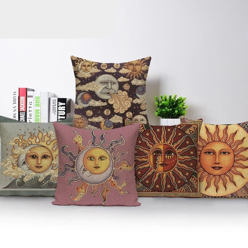 18" Vintage Sun / Moon Face Print Throw Pillow Cover