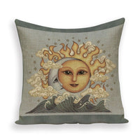 18" Vintage Sun / Moon Face Print Throw Pillow Cover