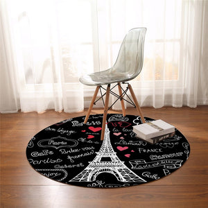 Round Black Paris Eiffel Tower Doodle Print Floor Mat Rug