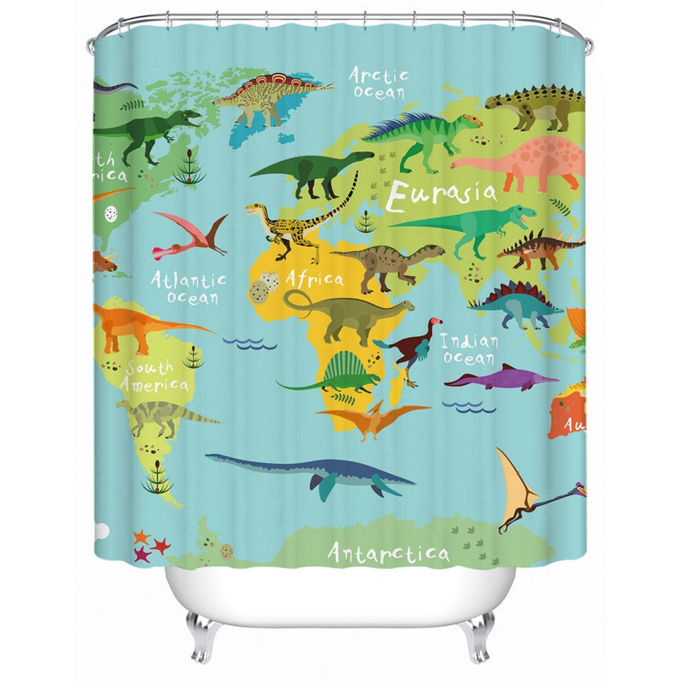 Kids Dinosaur World Map Bathroom Shower Curtain