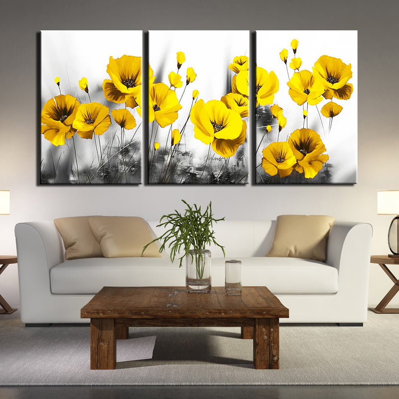 3-Piece Black & White Yellow Flowers Canvas Wall Art