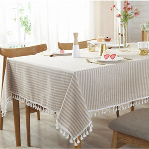Simple Striped Cotton Linen Tablecloth w/ Tassels