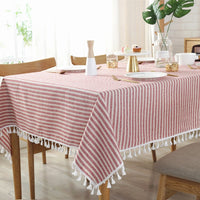 Simple Striped Cotton Linen Tablecloth w/ Tassels