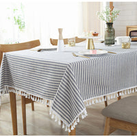 Simple Striped Cotton Linen Tablecloth w/ Tassels