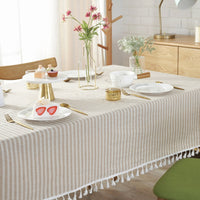 Simple Striped Cotton Linen Tablecloth w/ Tassels