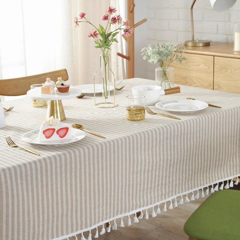 Simple Striped Cotton Linen Tablecloth w/ Tassels