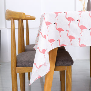 White Pink Flamingo Print Cotton Linen Tablecloth