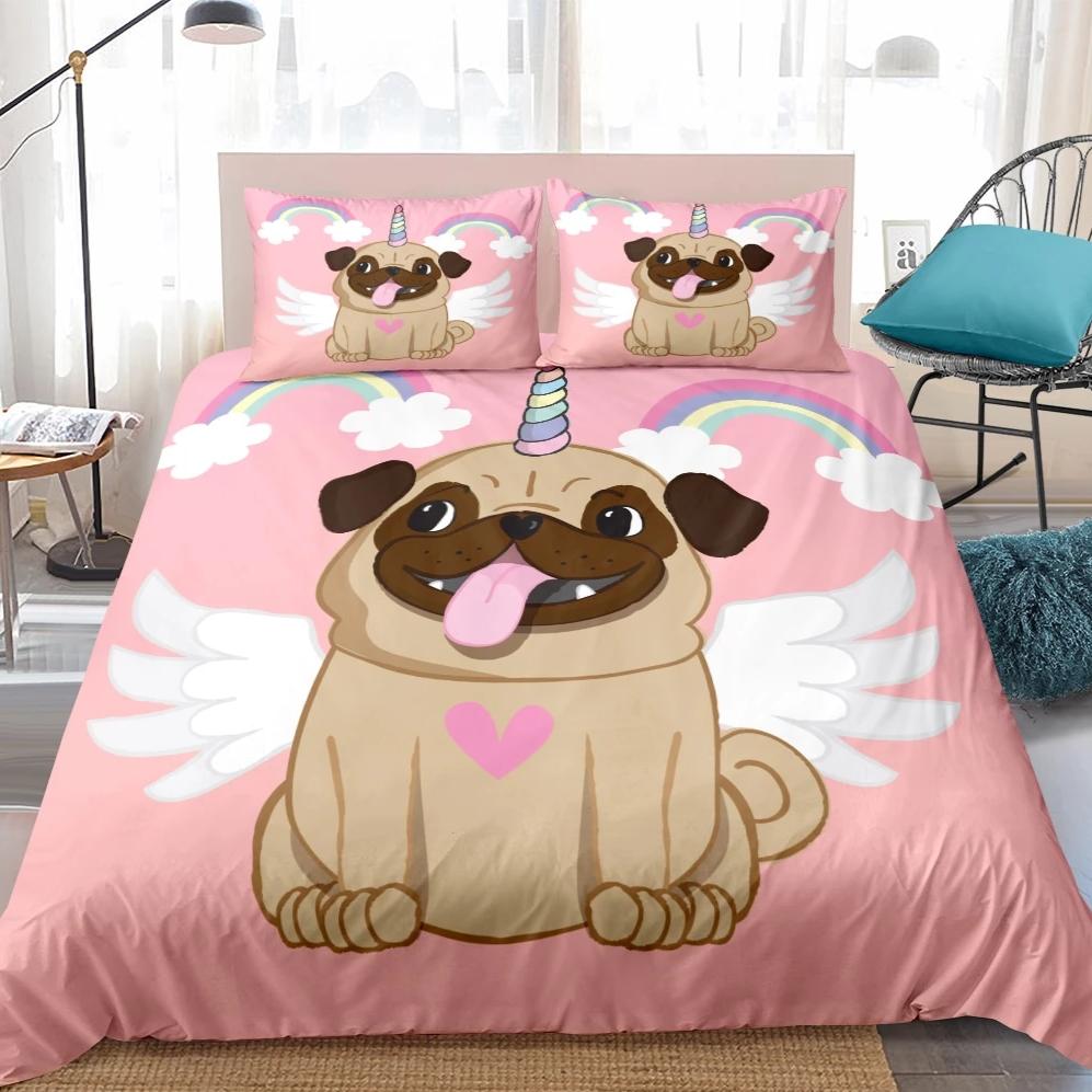 Pink 2/3-Piece Cartoon Unicorn Pug Print Duvet Cover Set