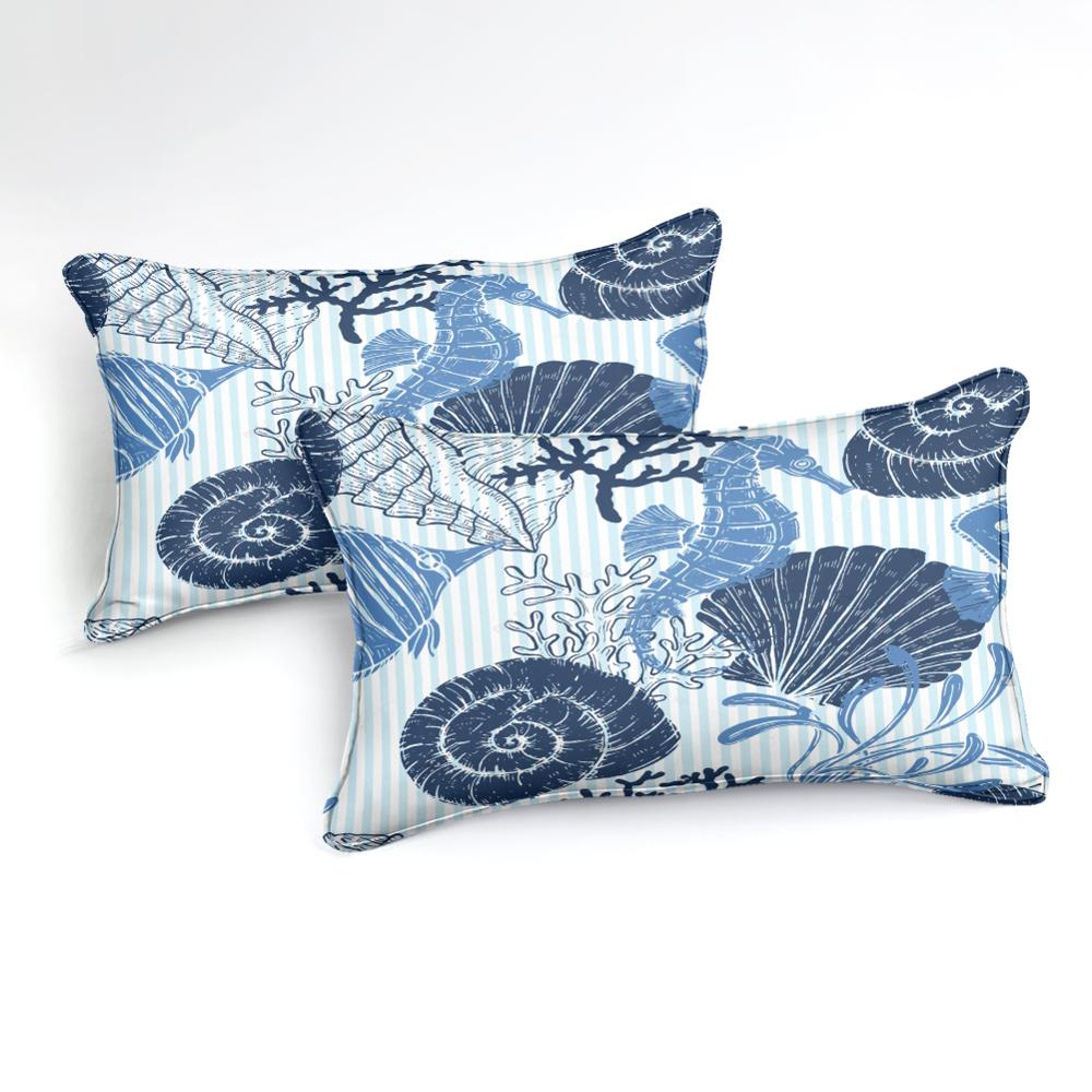 Blue 2/3-Piece Striped Nautical Ocean Sea Shell Print Duvet Set