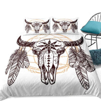 White 2/3-Piece Feather Sheep Skull Print Duvet Cover Set