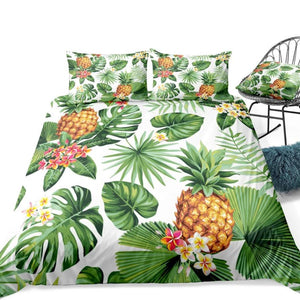 White 2/3-Piece Pineapple Palm Leaf Print Duvet Cover Set