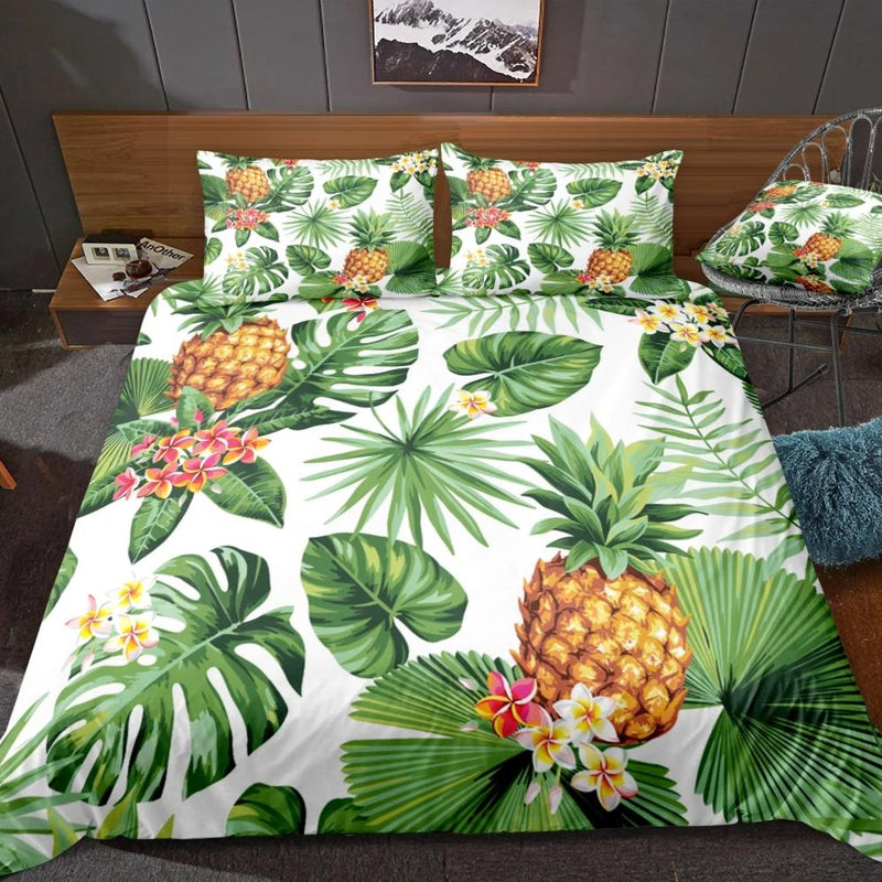 White 2/3-Piece Pineapple Palm Leaf Print Duvet Cover Set