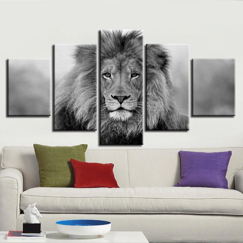 5-Piece Black & White African Lion Portrait Canvas Wall Art