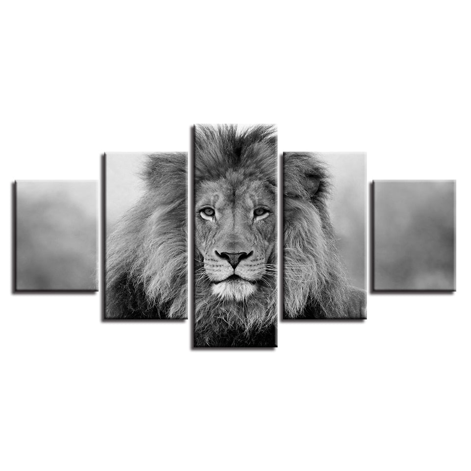 5-Piece Black & White African Lion Portrait Canvas Wall Art