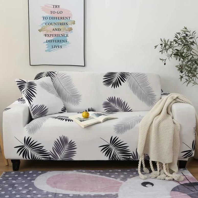 Ivory White Fern / Palm Leaf Pattern Sofa Couch Cover