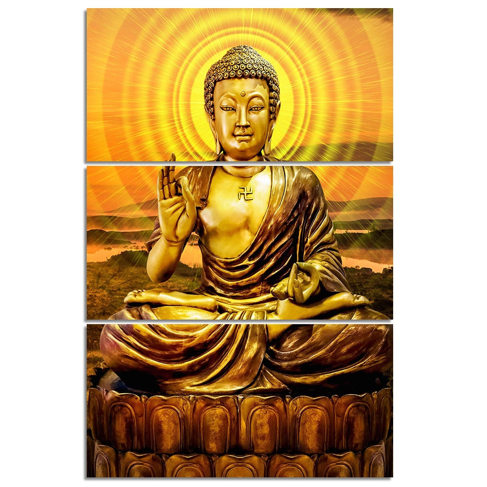3-Piece Enlightened Golden Buddha Canvas Wall Art