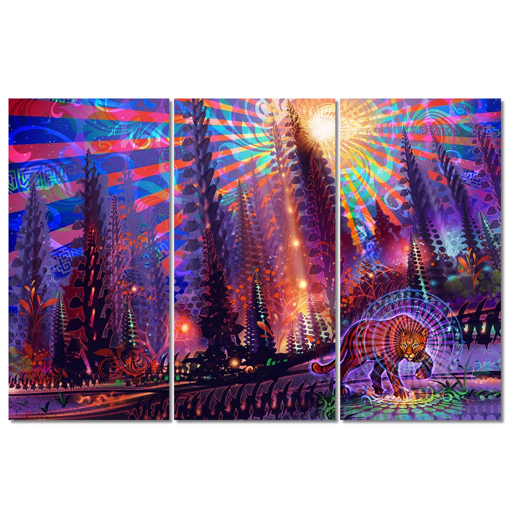 3-Piece Trippy Psychedelic Forest Cougar Canvas Wall Art