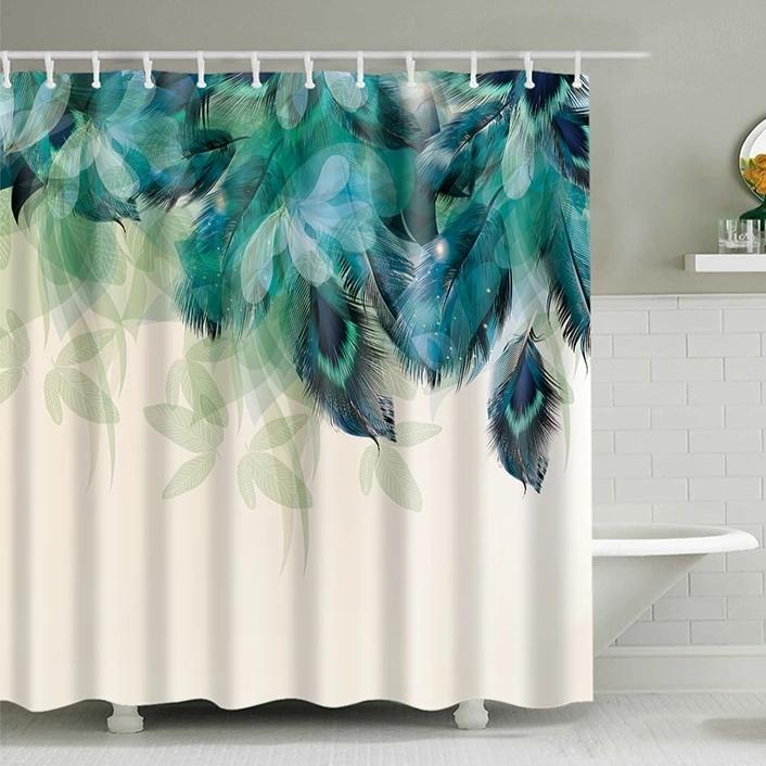 Teal Green Floral Feather Print Bathroom Shower Curtain