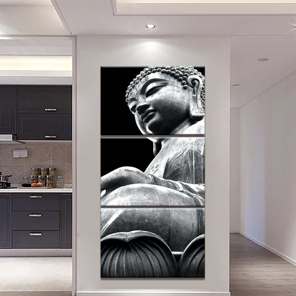 3-Piece Black & White Buddha Statue Canvas Wall Art