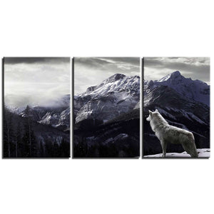 3-Piece Black & White Mountain Wolf Canvas Wall Art