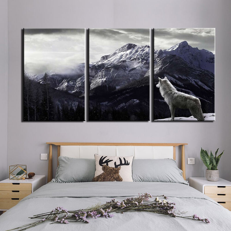 3-Piece Black & White Mountain Wolf Canvas Wall Art