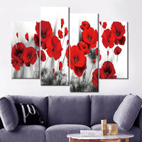 4-Piece Black & White Red Flowers Canvas Wall Art