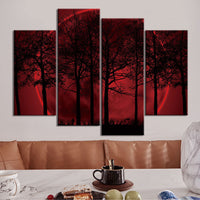 4-Piece Red Lunar Tree Landscape Canvas Wall Art