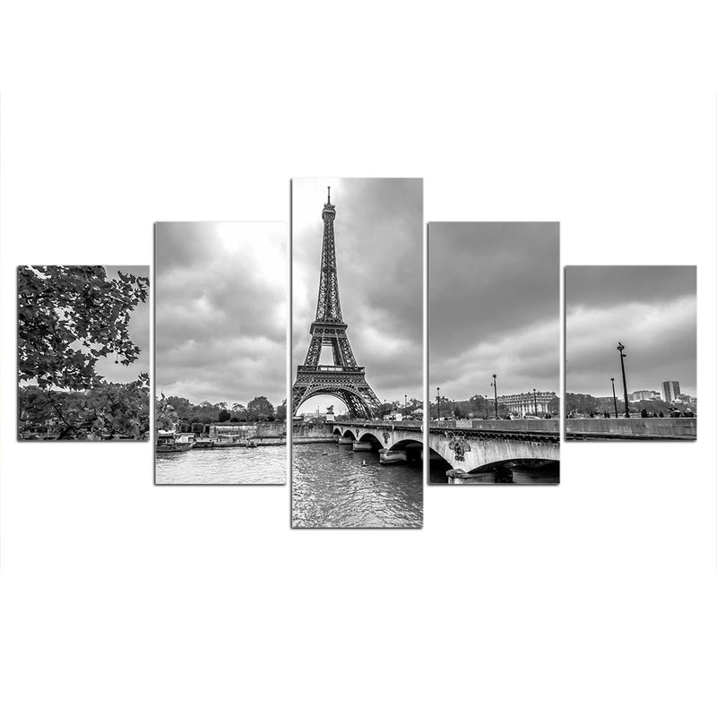 5-Piece Black & White Paris Eiffel Tower Skyline Canvas Wall Art