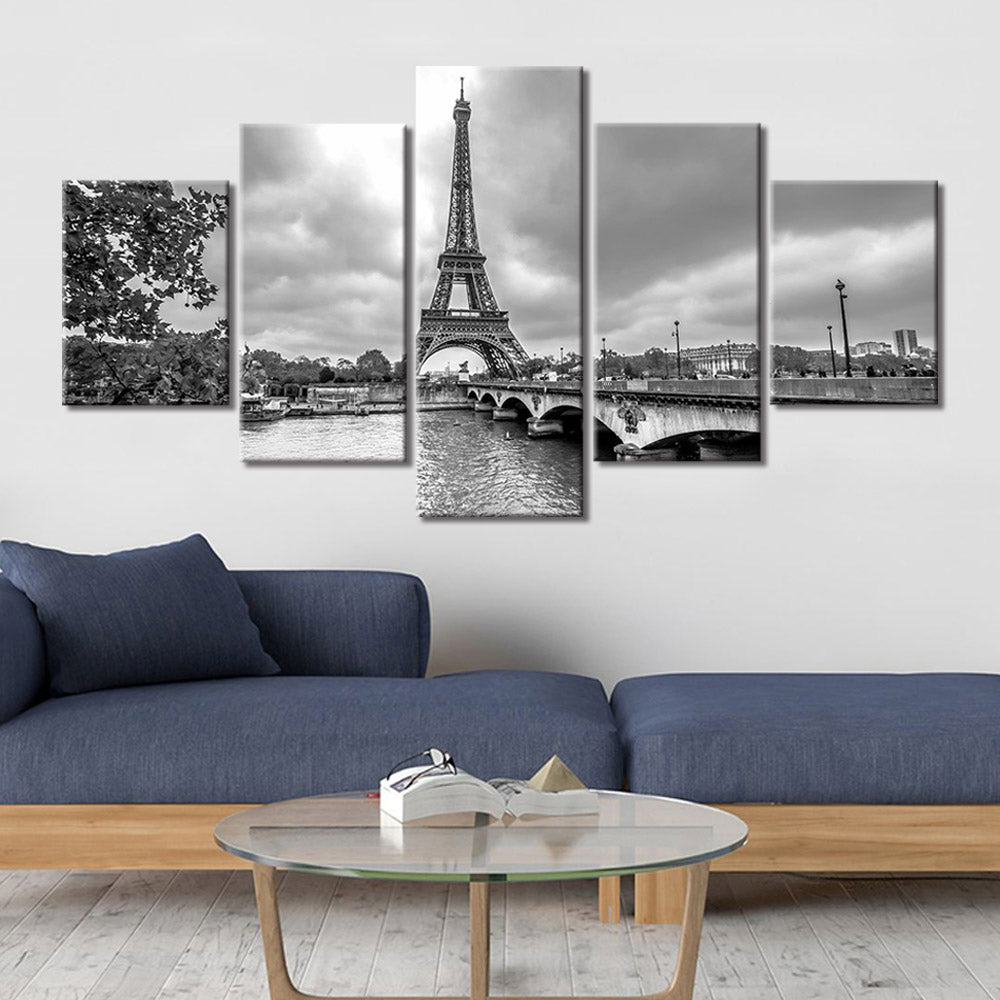 5-Piece Black & White Paris Eiffel Tower Skyline Canvas Wall Art – Decorzee