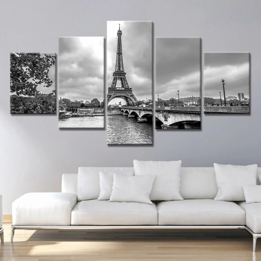5-Piece Black & White Paris Eiffel Tower Skyline Canvas Wall Art