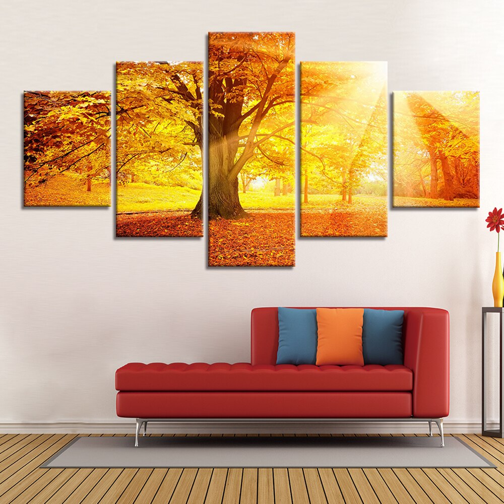 5-Piece Golden Autumn Tree Light Canvas Wall Art