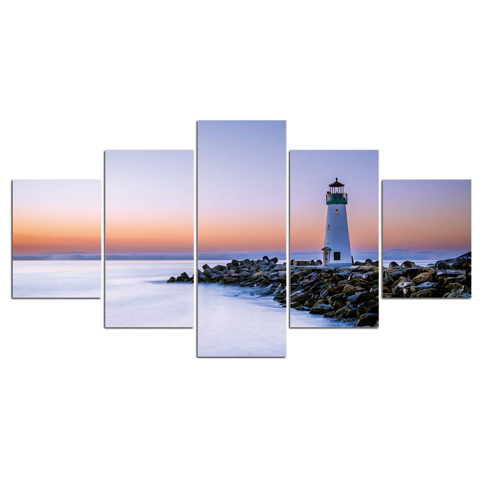 5-Piece Coastal Lighthouse Sunset Canvas Wall Art