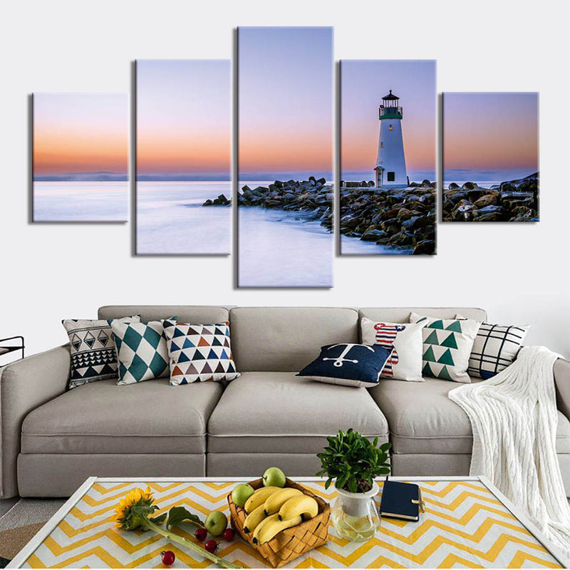 5-Piece Coastal Lighthouse Sunset Canvas Wall Art