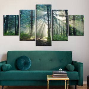 5-Piece Misty Forest Sun Rays Canvas Wall Art