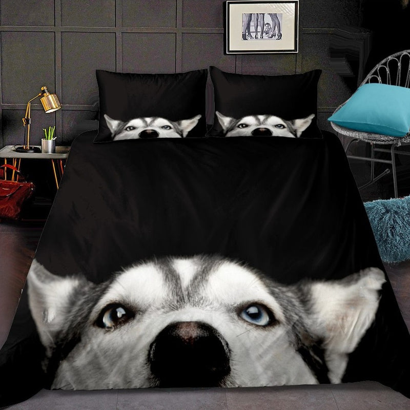 Black 2/3-Piece Peeking Husky Dog Duvet Cover Set