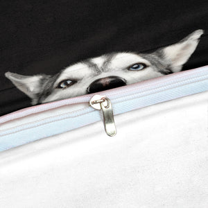 Black 2/3-Piece Peeking Husky Dog Duvet Cover Set