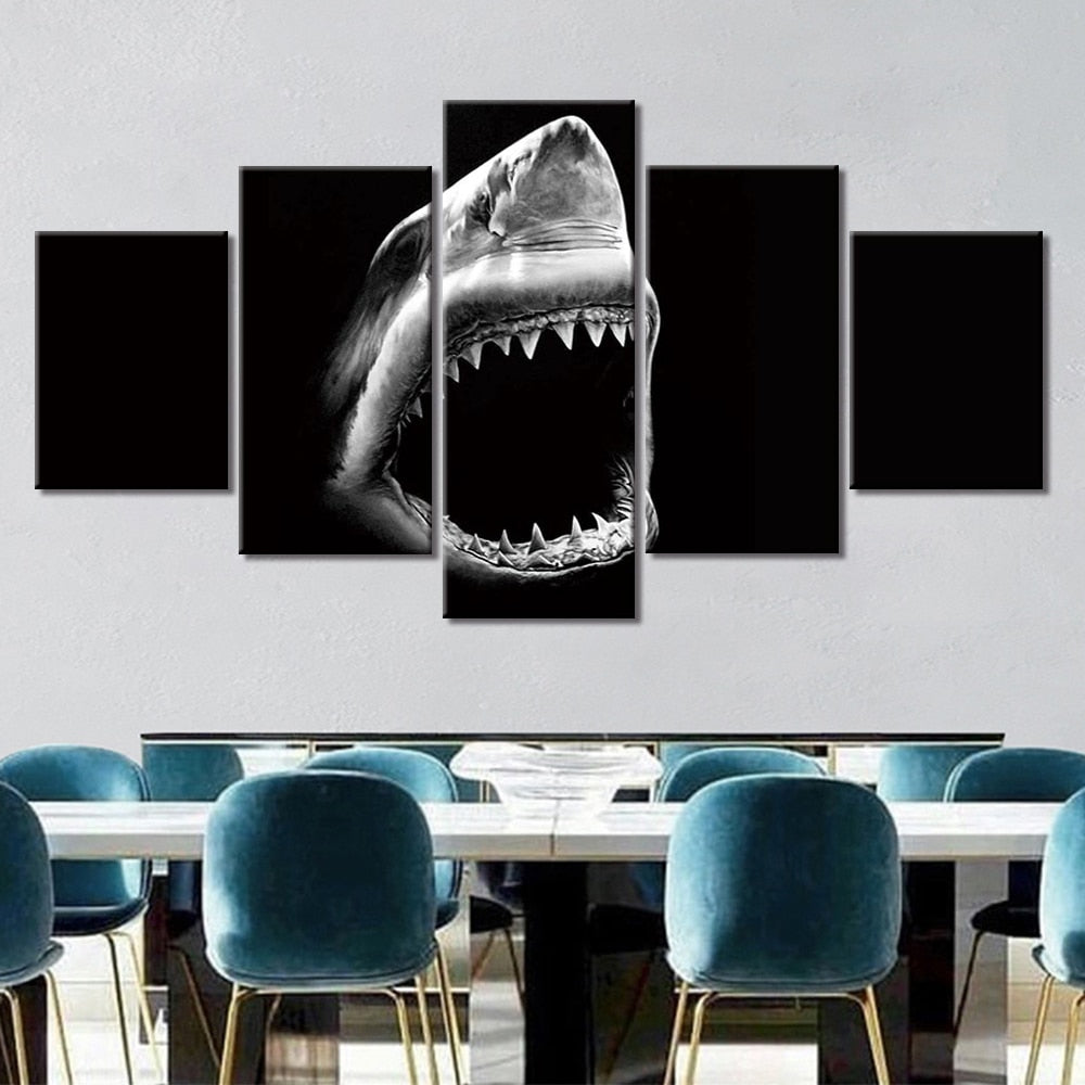 5-Piece Black & White Shark Jaws Canvas Wall Art