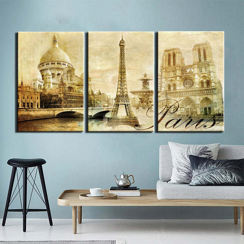 3-Piece Vintage Eiffel Tower Paris Print Canvas Wall Art
