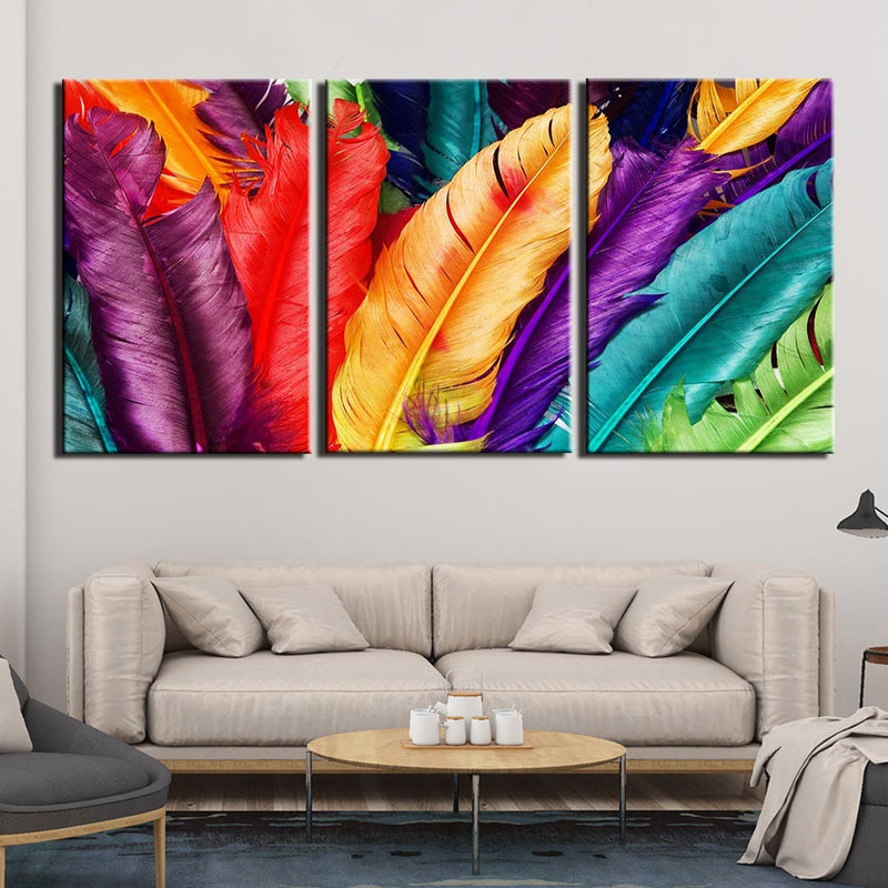 3-Piece Multi-Color Rainbow Feathers Canvas Wall Art
