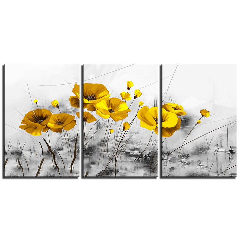 3-Piece Abstract Black & White Yellow Flowers Wall Art