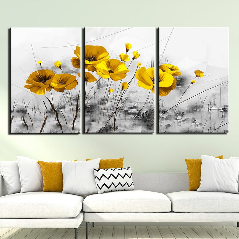 3-Piece Abstract Black & White Yellow Flowers Wall Art